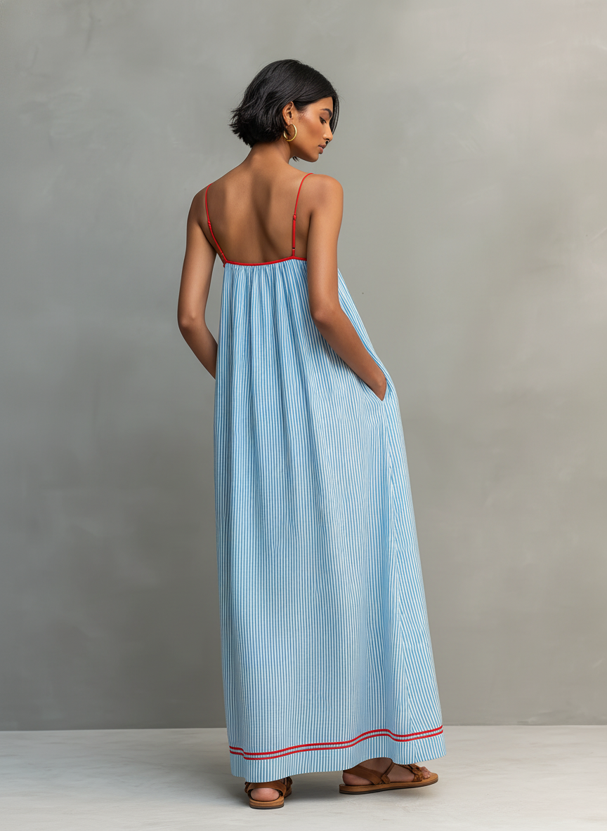 Heidi™ - Minimalist Striped Maxi Dress With Red Trim And Spaghetti Straps