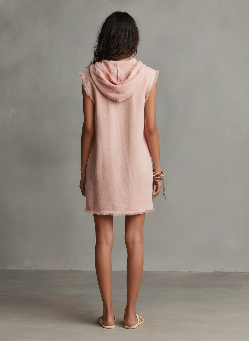 Kasey™ - Minimalist Linen-Blend Mini Dress — Hooded, Sleeveless, Raw Hem