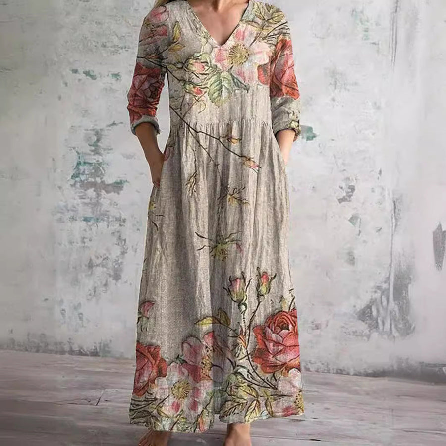 Rosemary™ - Summer Dress with V-Neck and Floral Pattern