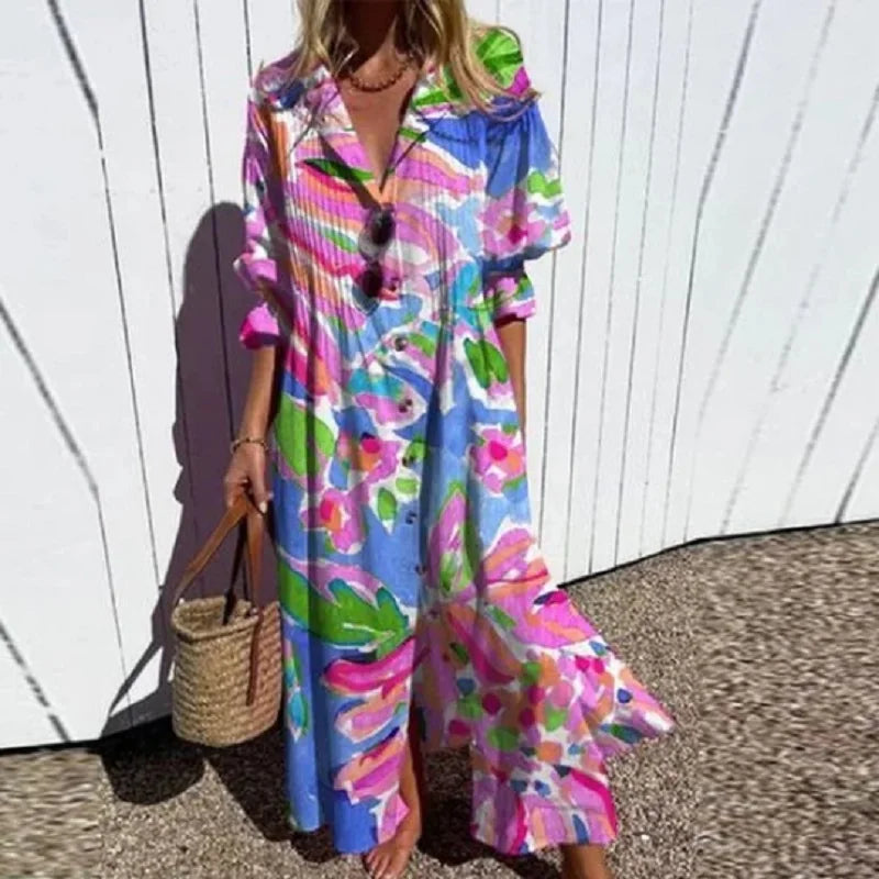 Iris™ - Boho Puff Sleeve Maxi Dress