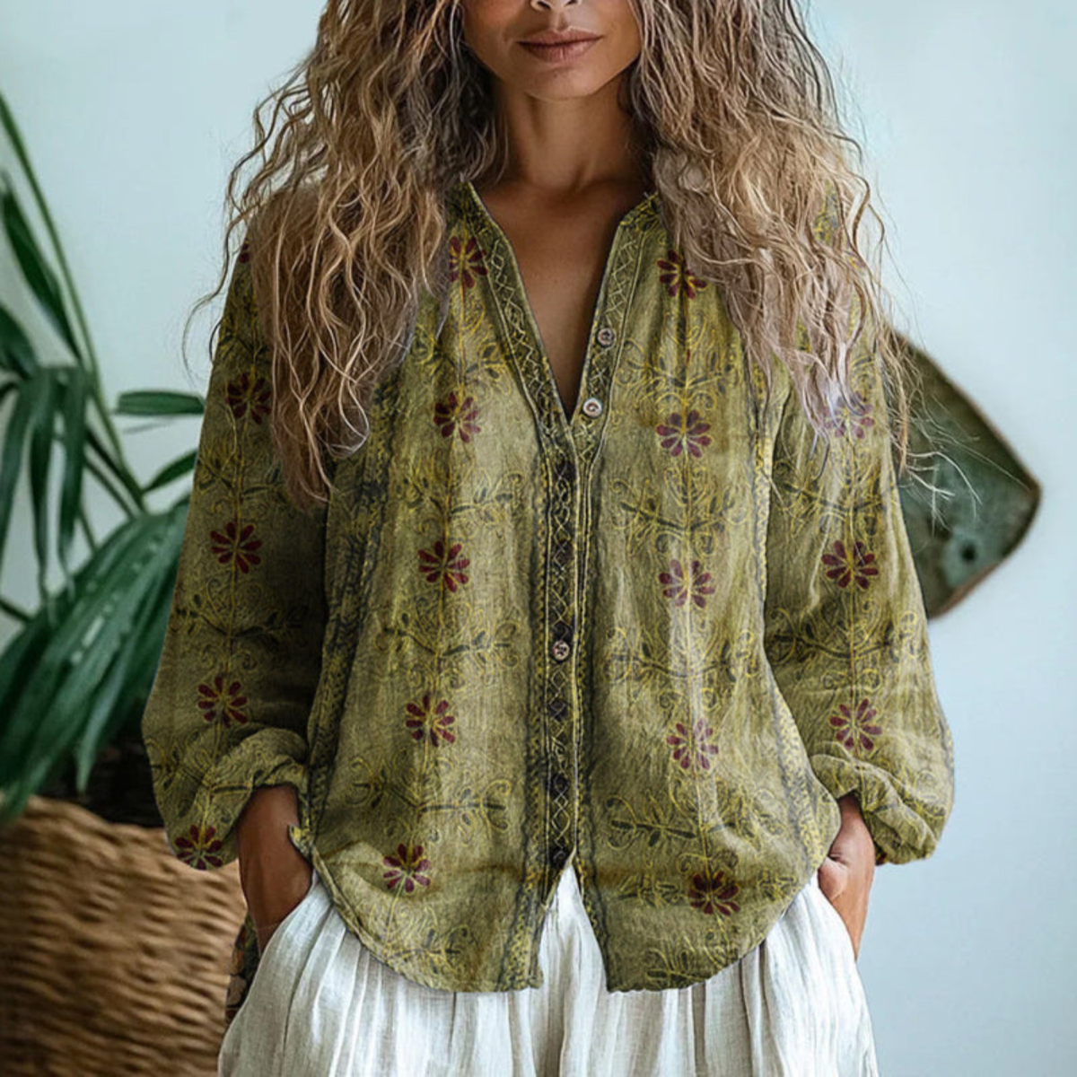 Helen™ | Linen Long Sleeve Button-Down Blouse