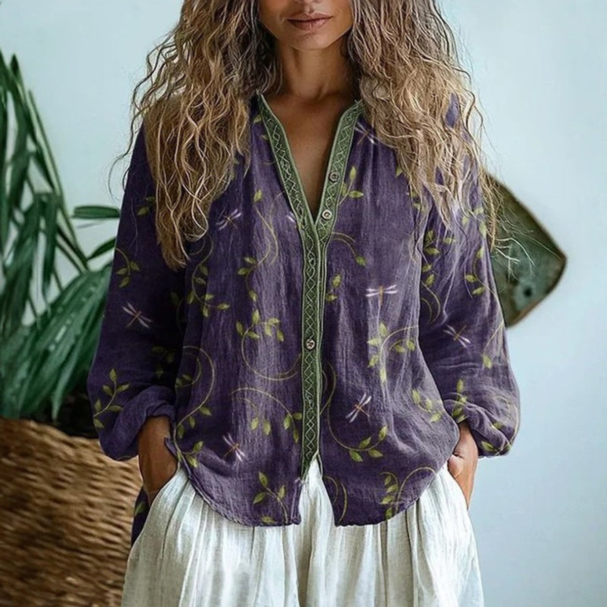 Helen™ | Linen Long Sleeve Button-Down Blouse