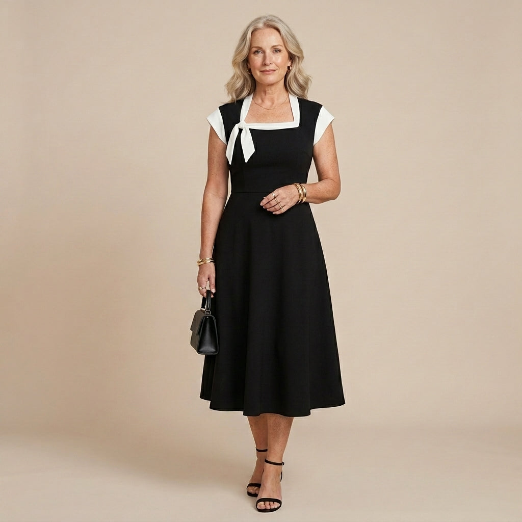 Ivy™ - Colourblock Square Neck Cap Shoulder Sleeve Waist Midi Dress
