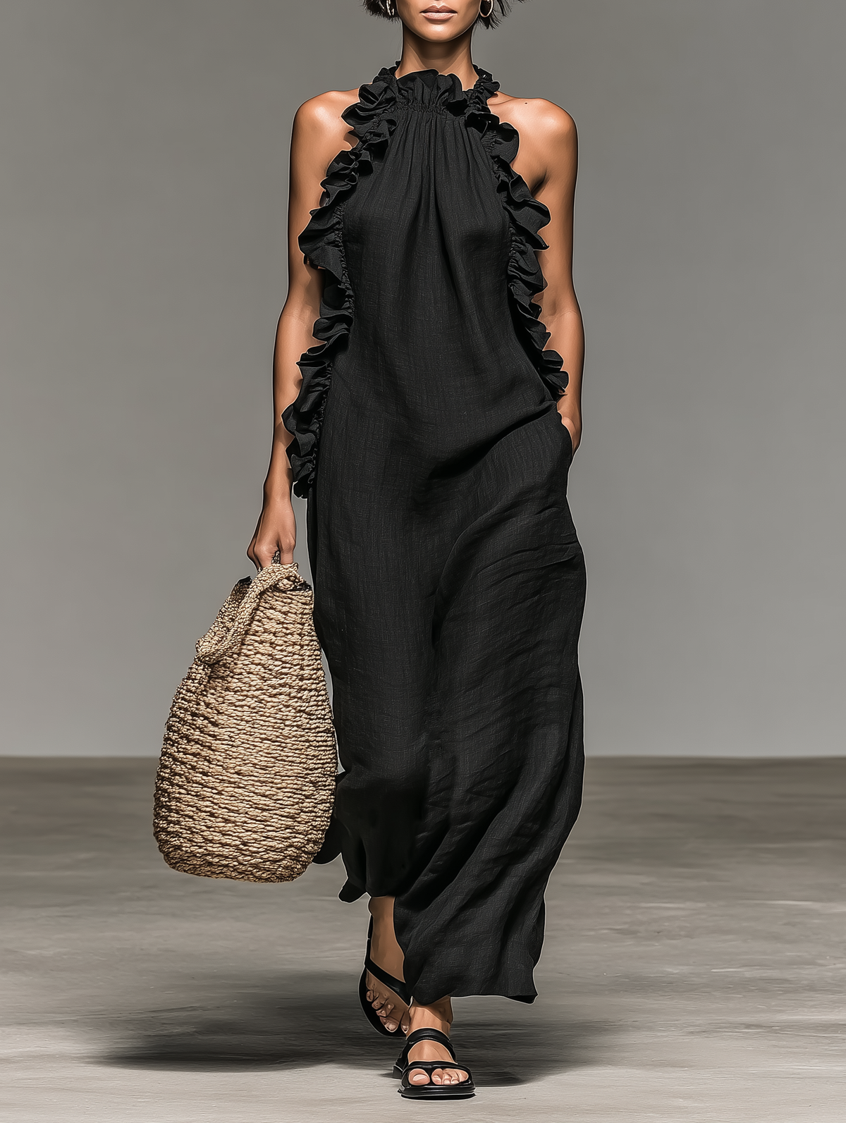 Mavis™ - Minimalist Linen-blend Sleeveless Maxi Dress With Ruffle Details