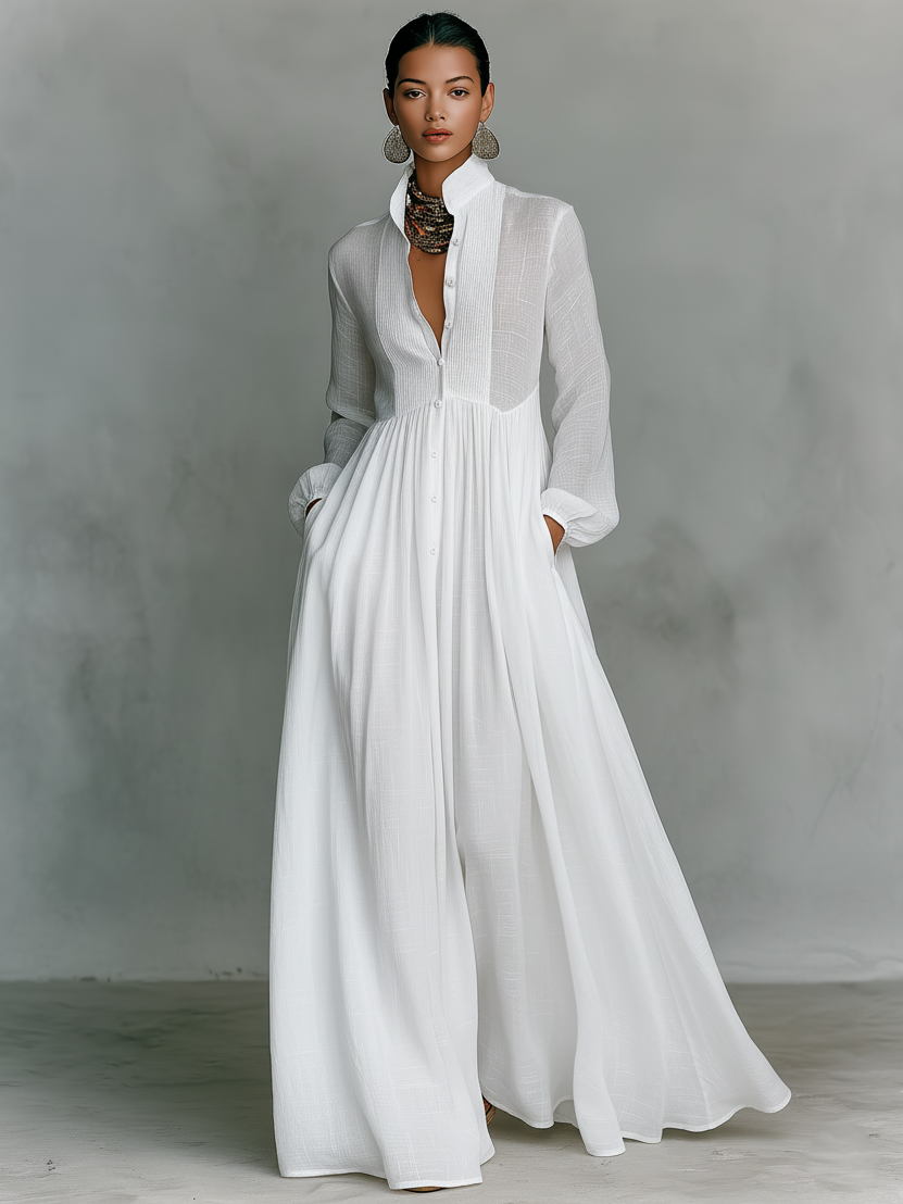 Jasmine™ - Minimalist Cotton And Linen Patchwork Single-breasted Stand-up Collar Long-sleeved Maxi Dress