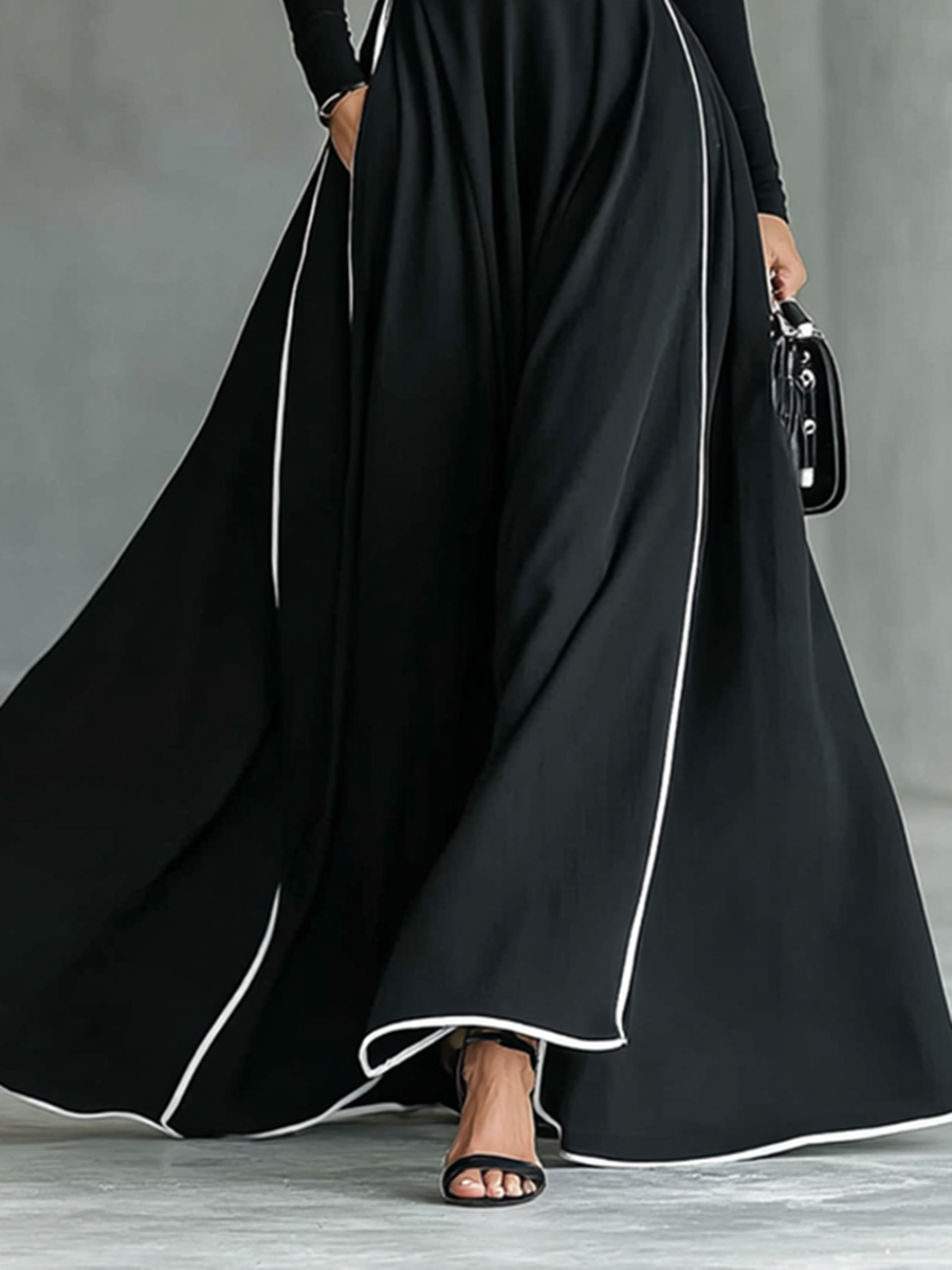 Jade™ - Black Stitching White Trim High Collar Long Sleeve Tight Belt Maxi Dress