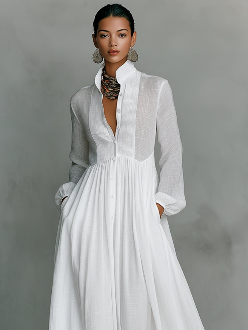 Jasmine™ - Minimalist Cotton And Linen Patchwork Single-breasted Stand-up Collar Long-sleeved Maxi Dress