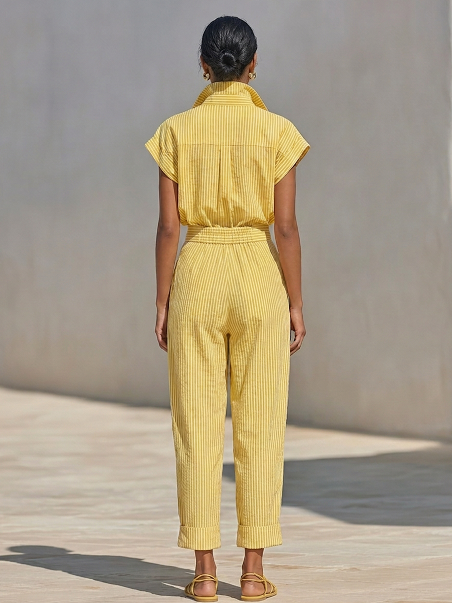 Hayley™ - Lemon Vertical Stripe Textured Co-Ord With Front Button Blouse & Side Pocket Tapered Trousers, Effortless-Chic Beach Casual Outfit