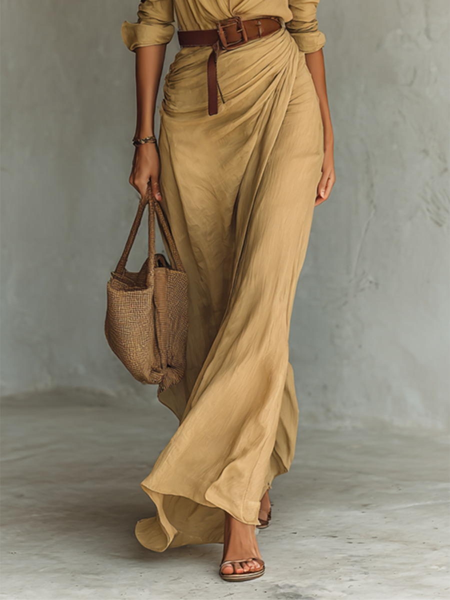 Elsie™ - Lapel Single Breasted Long Sleeve Belted Maxi Dress