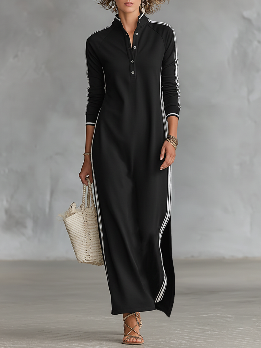 Matilda™ - Minimalist White-trimmed Button-down Collar Sweatshirt Maxi Dress