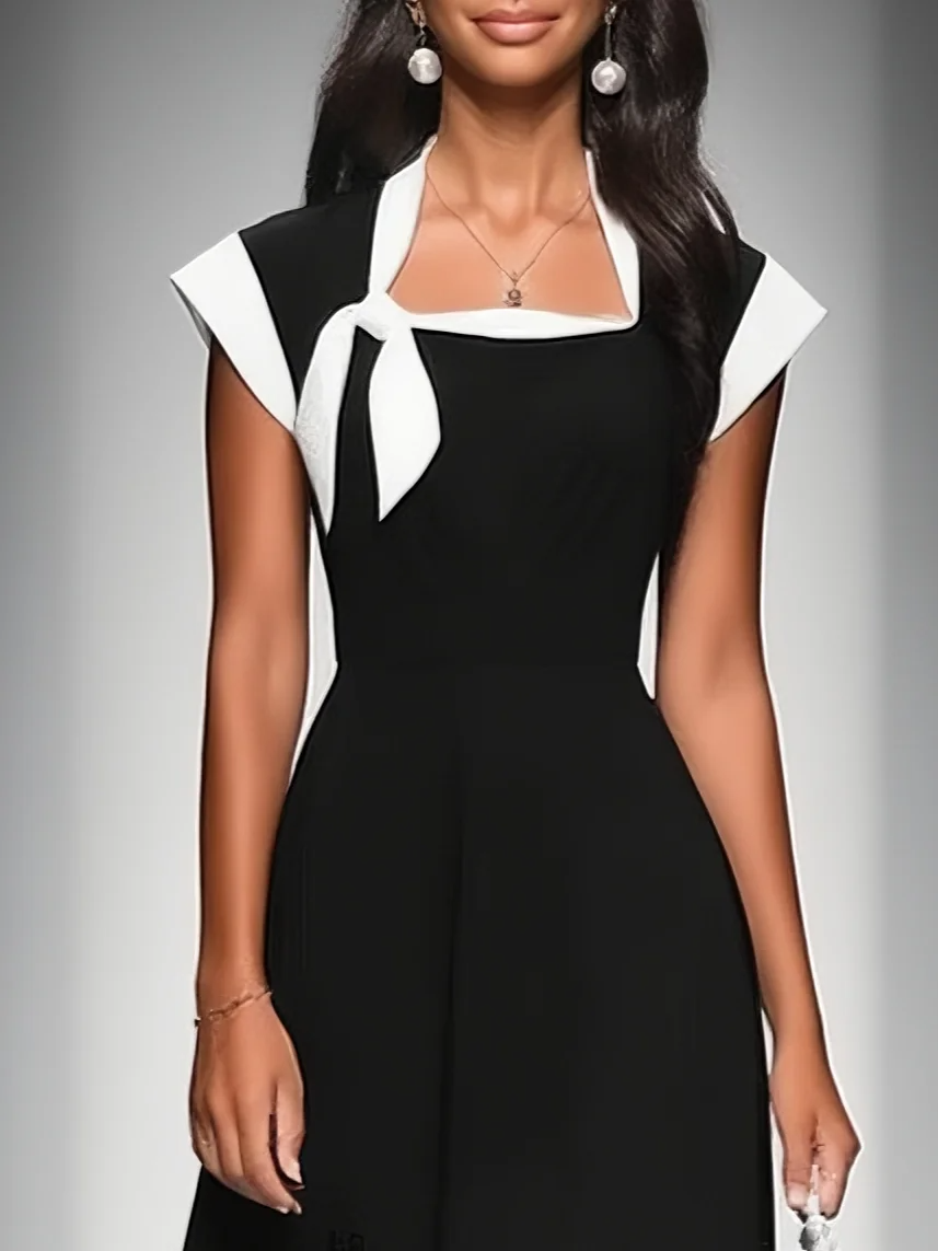 Ivy™ - Colourblock Square Neck Cap Shoulder Sleeve Waist Midi Dress