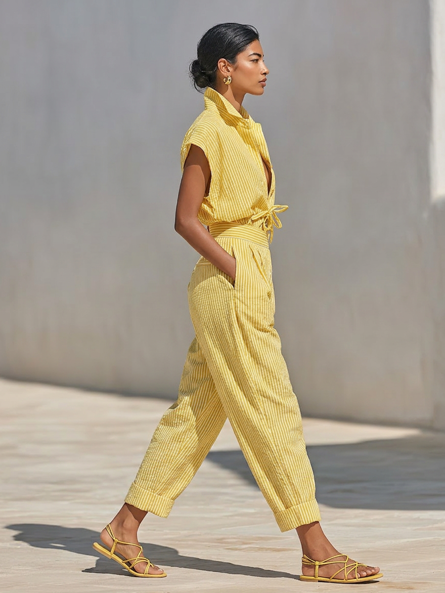 Hayley™ - Lemon Vertical Stripe Textured Co-Ord With Front Button Blouse & Side Pocket Tapered Trousers, Effortless-Chic Beach Casual Outfit