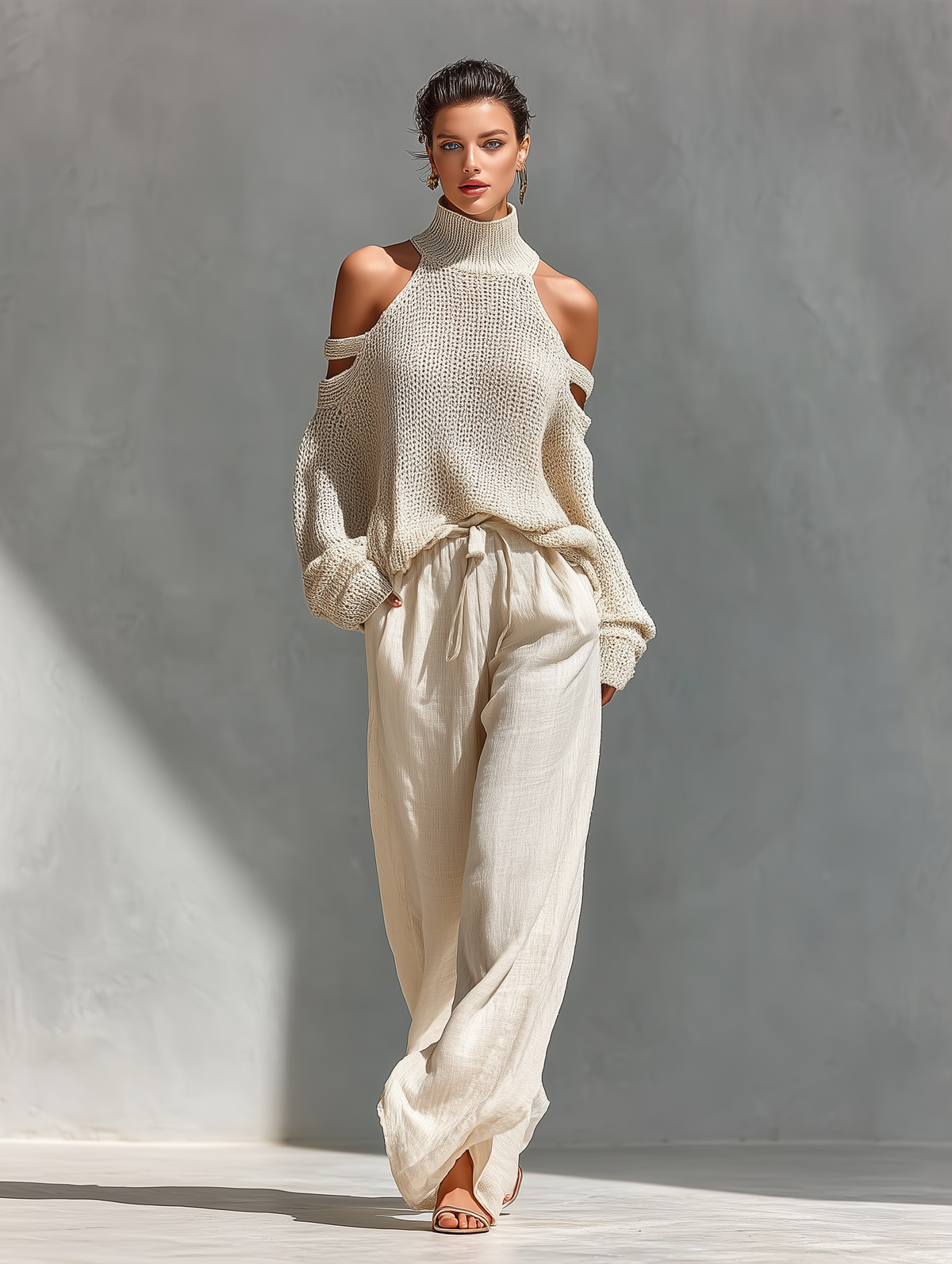 Lorna™ - Beige Knit Fabric Cold-Shoulder Turtleneck Top & Wide-Leg Pants Set