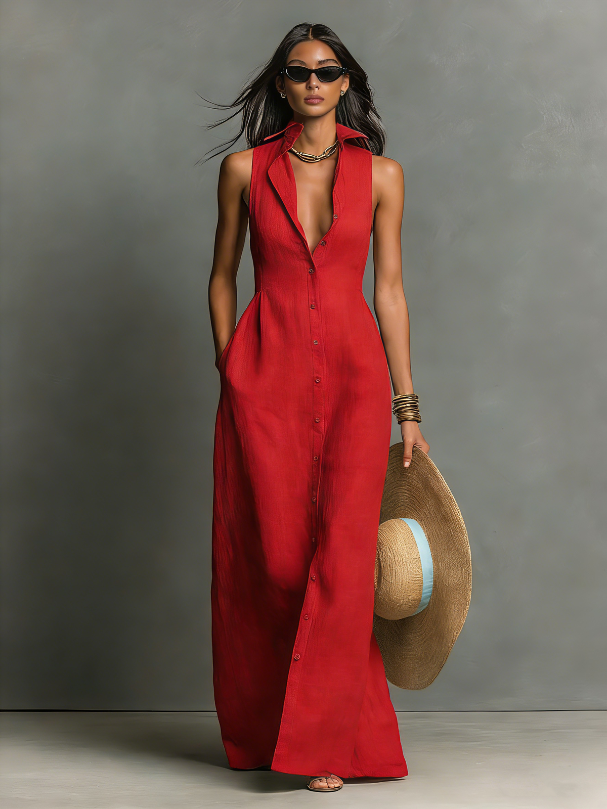 Rosalind™ - Minimalist Linen-Blend Collared Single-Breasted Sleeveless Maxi Shirt Dress