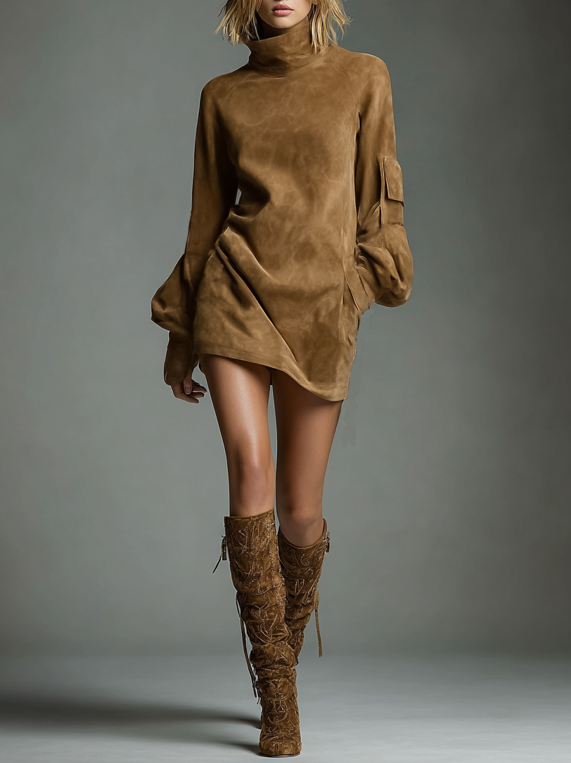 Indi™ - Vintage Loose Suede Turtleneck Mini Dress
