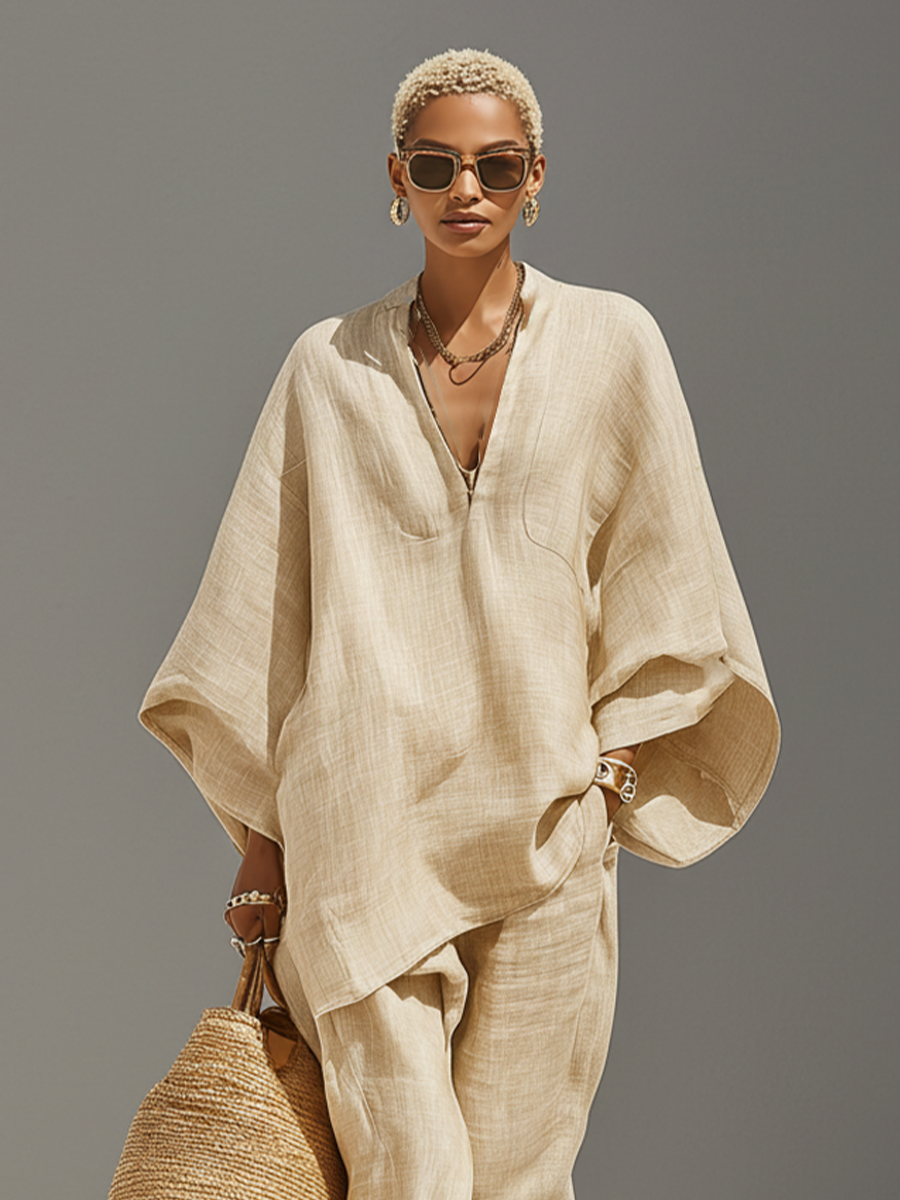 Kirra™ - Neutral Linen Set With Asymmetric Hem & Minimalist Design, Sophisticated Daily-Casual Style Set