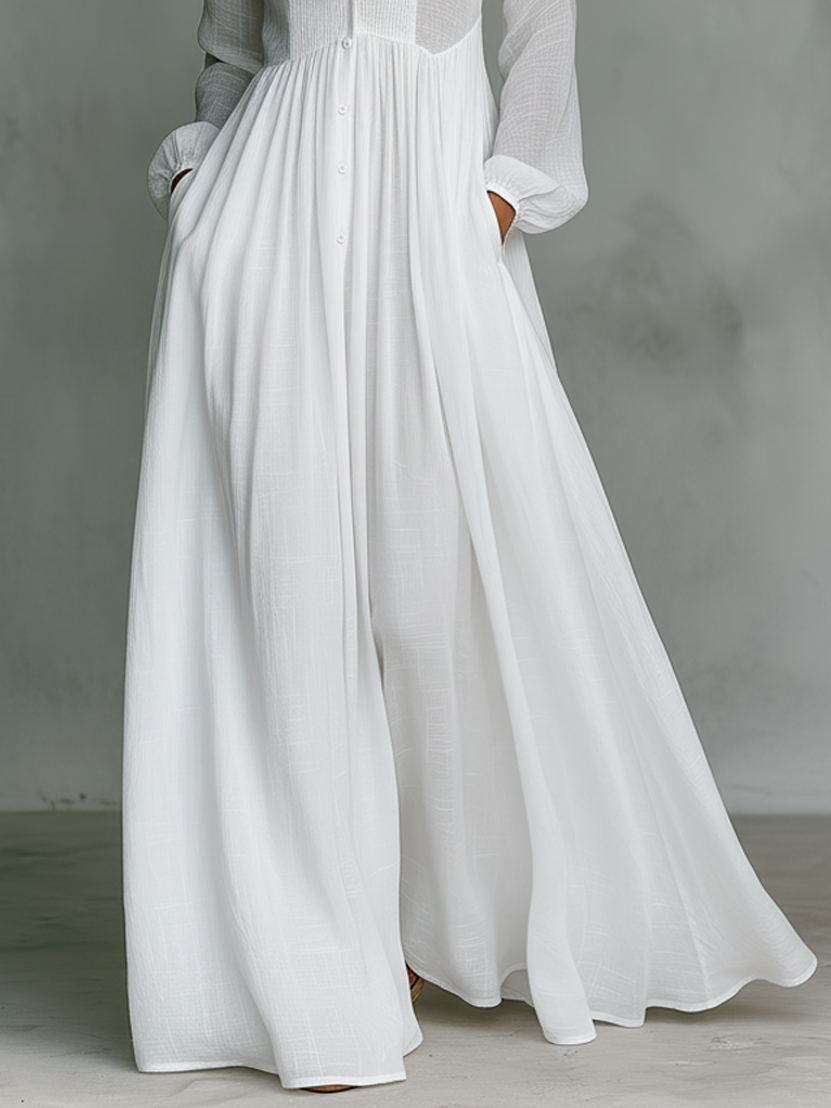 Jasmine™ - Minimalist Cotton And Linen Patchwork Single-breasted Stand-up Collar Long-sleeved Maxi Dress