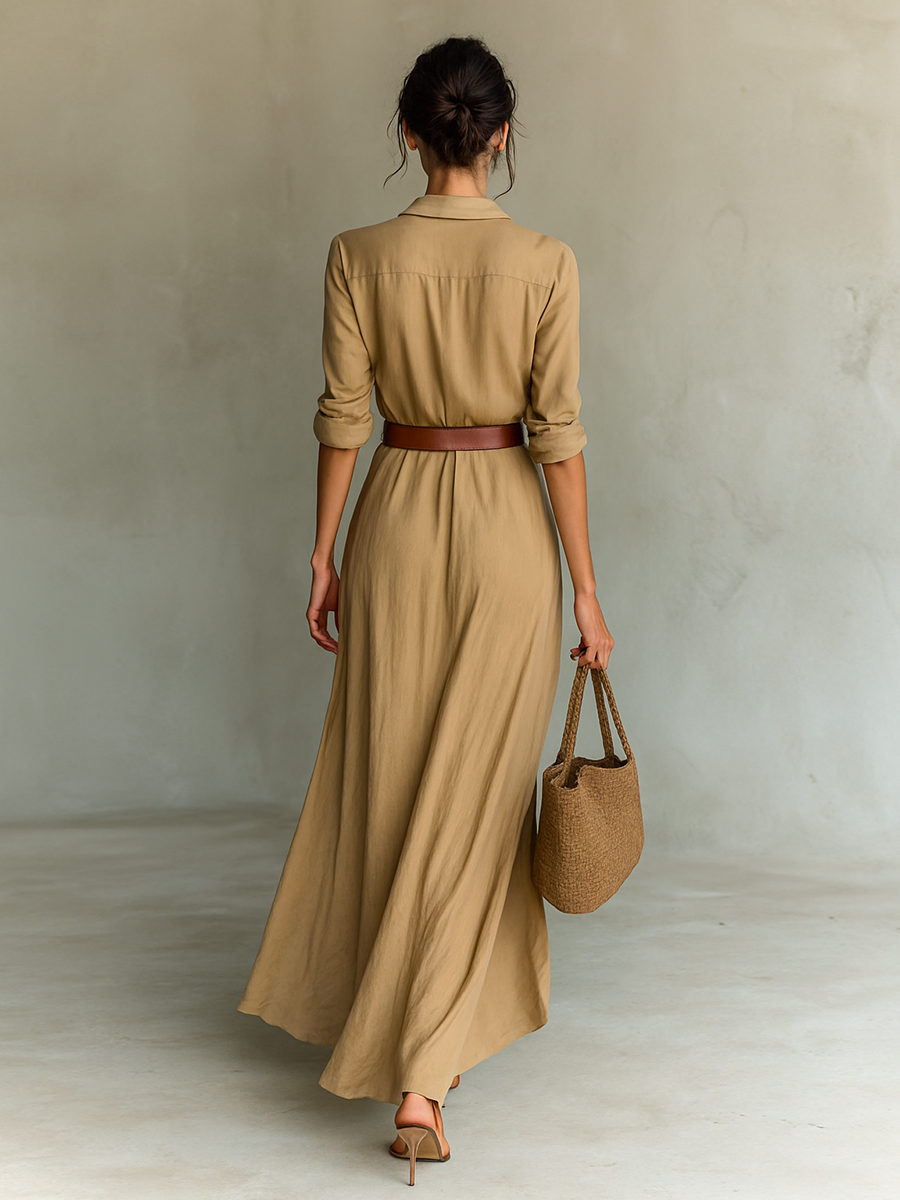 Elsie™ - Lapel Single Breasted Long Sleeve Belted Maxi Dress