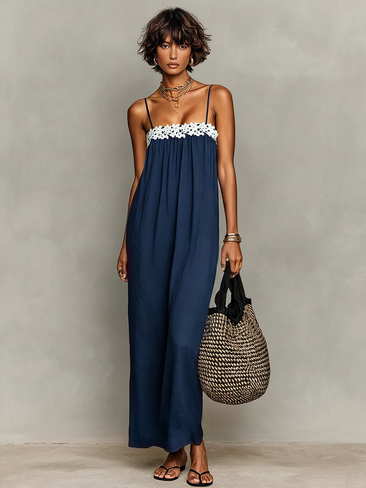 Sadie™ - Minimalist Linen-Blend Lace-Paneled Strapless With Spaghetti Straps Maxi Dress