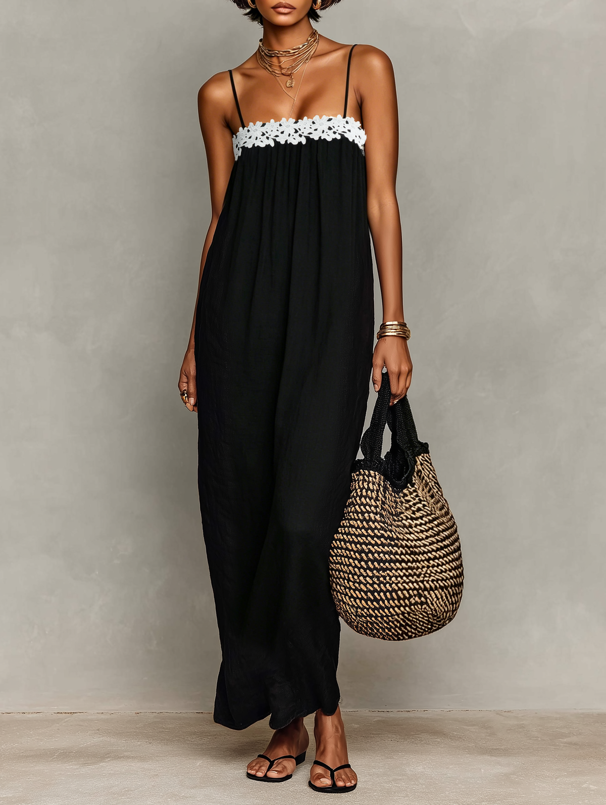 Sadie™ - Minimalist Linen-Blend Lace-Paneled Strapless With Spaghetti Straps Maxi Dress