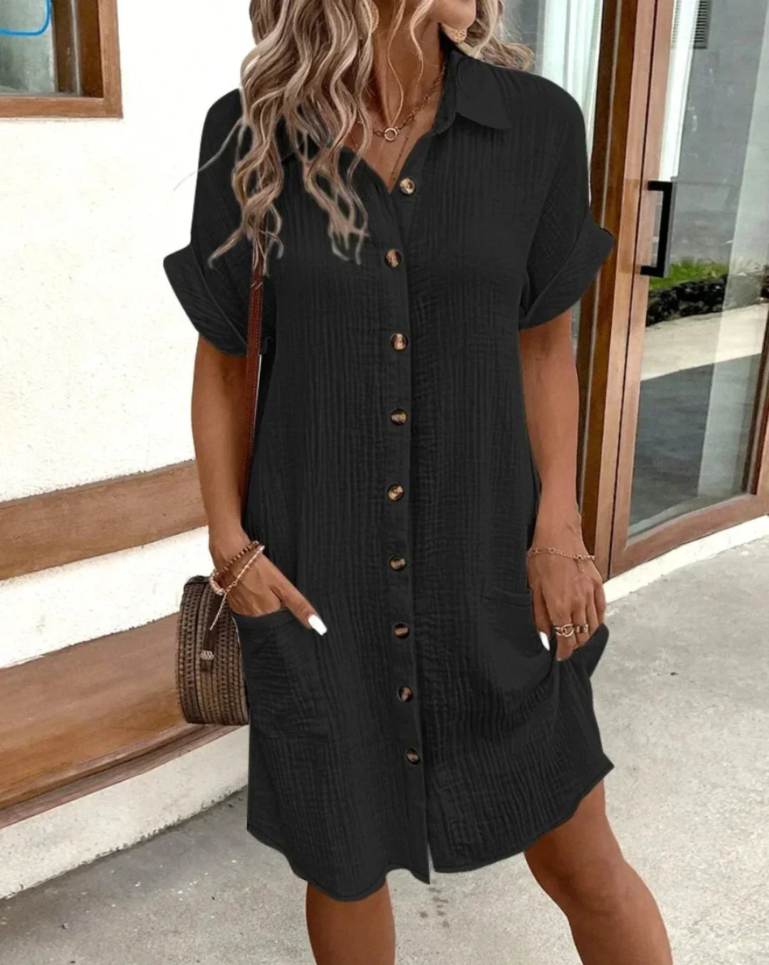 Sasha™ - Vintage Linen Mini Dress with V-Neck