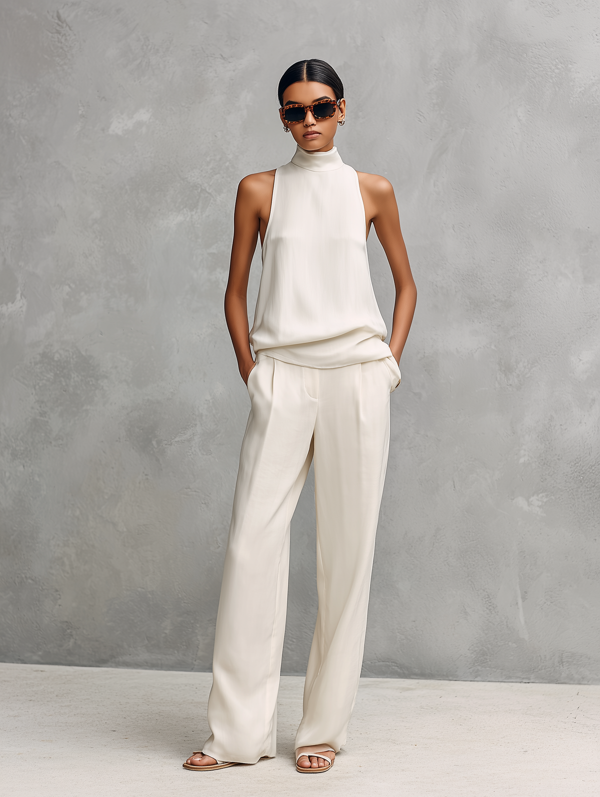 Kiah™ - Elegant Black Cotton And Linen Round-neck Sleeveless Top And Trousers Set
